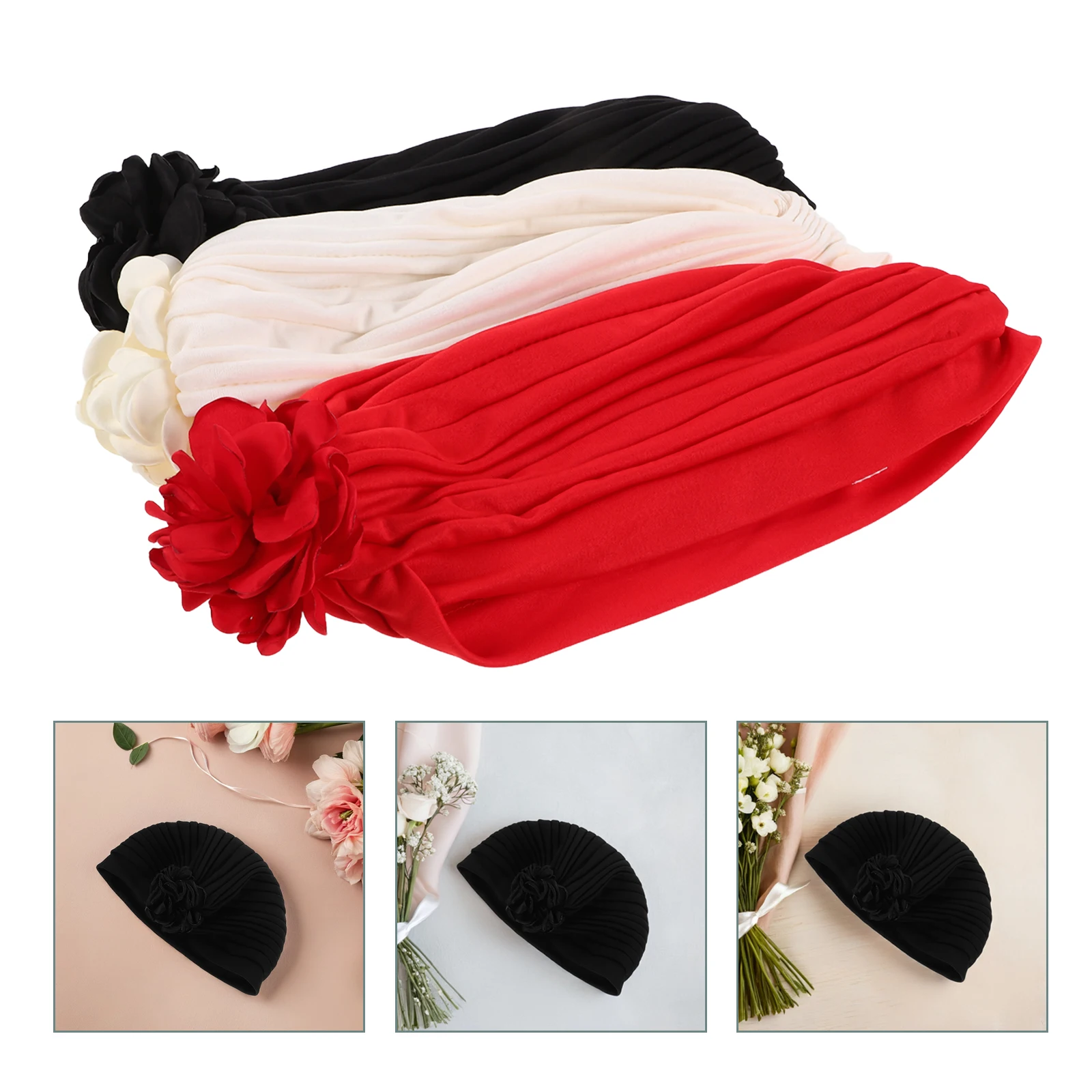 

3Pcs Spring Flower Turban Hats Women Lace Trim Ethnic Style Versatile Design Easy Maintenance