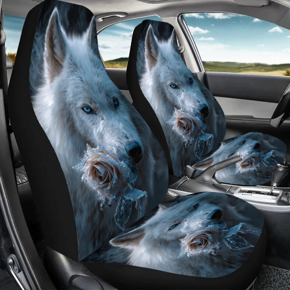 Set Of 2 Ice Wolf And Rose Print Car Covers Suitable For All, Ideal Car Additions For Women, Universal Front Protectors Compatib