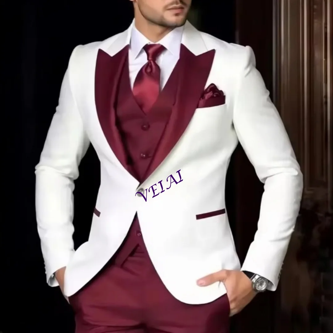 

Индивидуальный новый белый и бордовый деловой мужской костюм, жених, жених, свадебная вечеринка, выпускной, деловые мужские смокинги, комплект из 3 предметов, блейзер Ves
