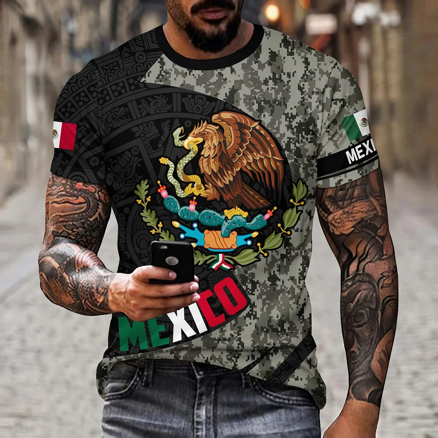 Camiseta con estampado de bandera nacional de México para hombre, camiseta de gran tamaño con patrón de águila 3D, Tops de manga corta de verano, camiseta informal con cuello redondo