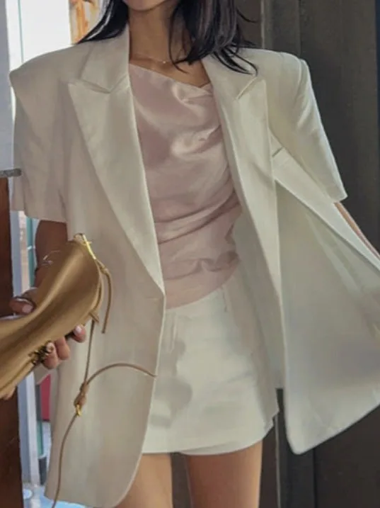 

Loose Fit Two Button Short Sleeve Suit Jacket for Women Summer Fashionable Office White Turn-down Collar Slimming Casual Top