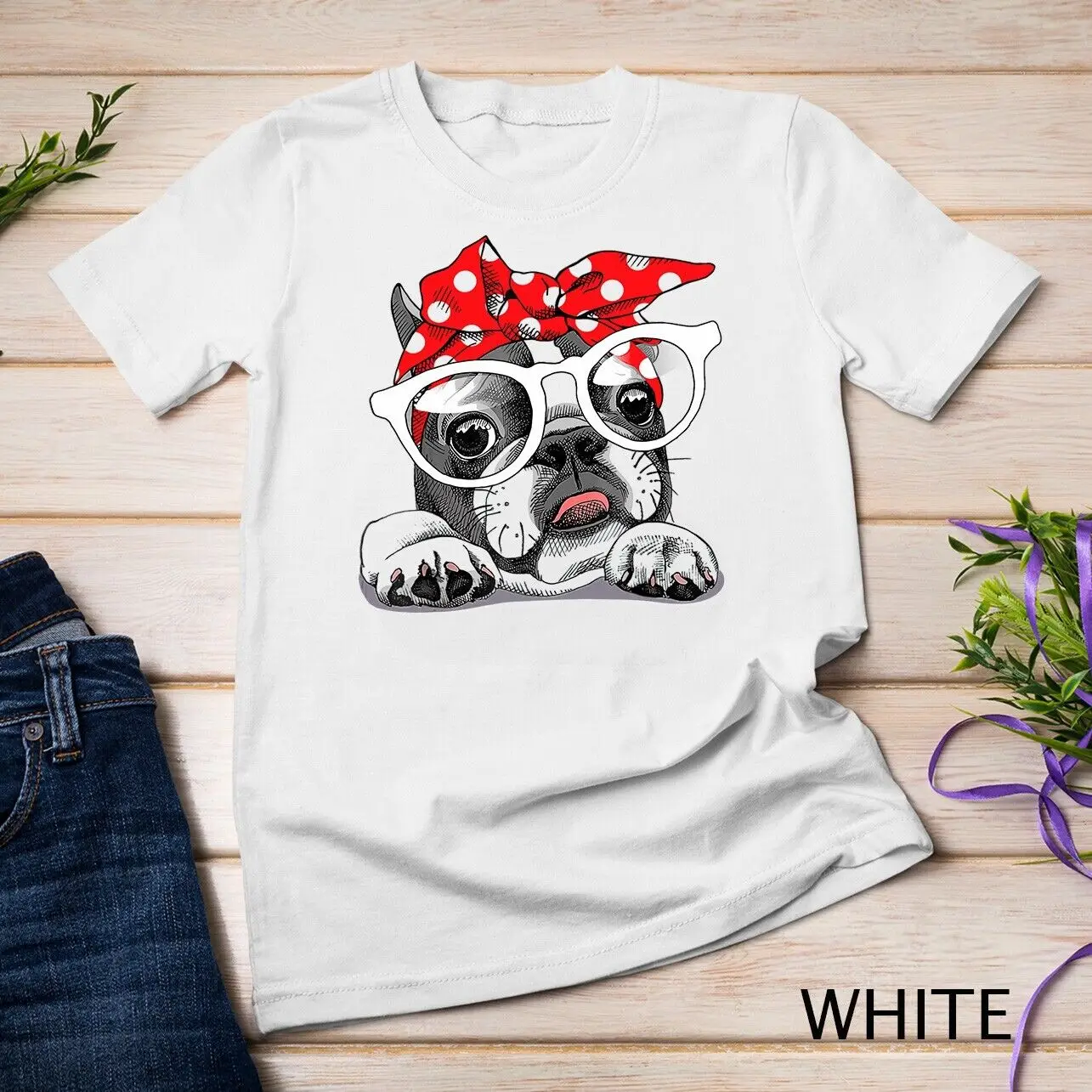 Cute French Bulldog Colorful Headband And Glasses Unisex T-shirt