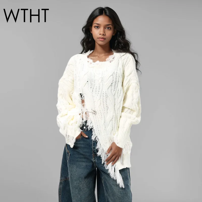 WTHT Fashion Women's Irregular Tassel Spliced Pin Design Knit Sweater 2024 Winter O-neck Long Sleeves Pullovers Female 1LS629