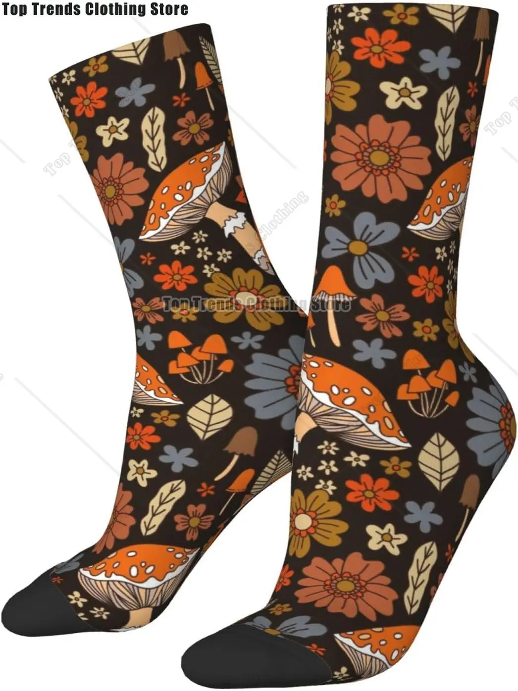 Retro 70s 80s Orange Flowers and Mushrooms Socks Soft Breathable Crew Socks Novelty Sport Athletic Socks for Women Men