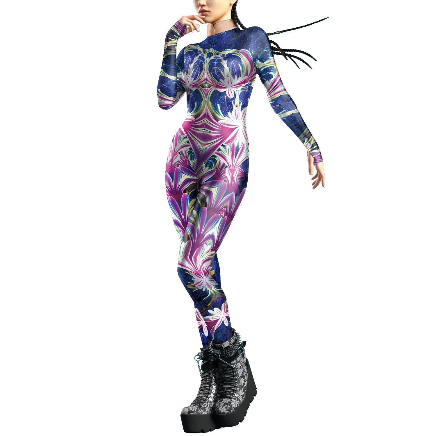 2024 Halloween Party Cosplay Adult Women Sexy Bodysuits Steampunk Armor Printed Zentai Suit Long Sleeve Jumpsuit