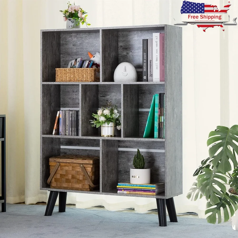 

43 Inch Tall Wooden Storage Organizer 7 Cube Bookcase with Legs Home Office Living Room Bedroom Display Cabinet