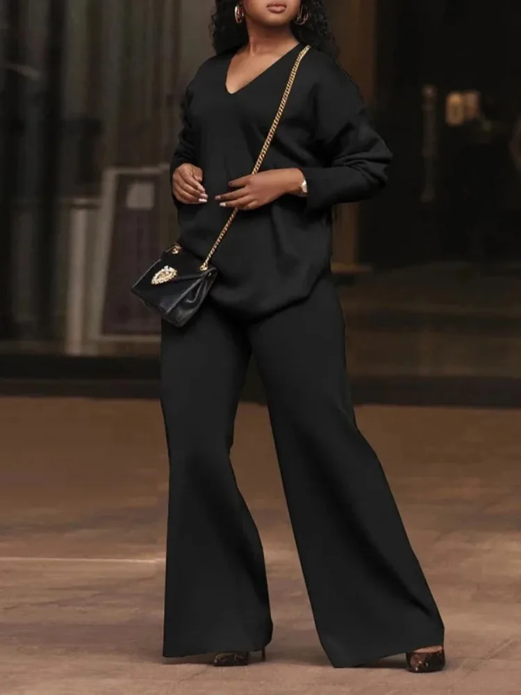 

Yeezzi женские однотонные пуловеры большого размера с v-образным вырезом, топы и широкие брюки, комплект из 2 предметов, повседневная домашняя вязаная модная одежда для дома 2026