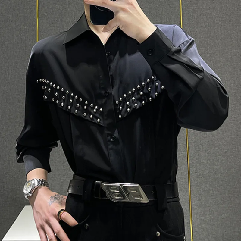 Luxury Punk The Machine Nail Bead Shirt Men Dress Shirt Prom Tuxedo Hemise Homme Korean Style Nightclub Shirt Camisa Masculina