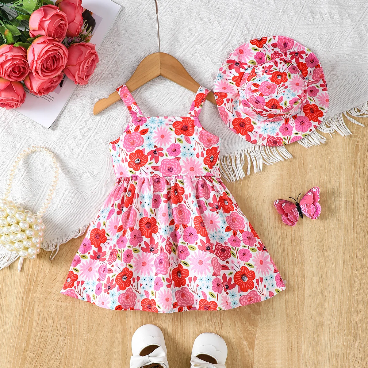 2pcs Baby Girl Summer Dress Small Floral Suspender Dress+Hat 0-3 Year old Baby Girl Coastal Vacation Casual Dress