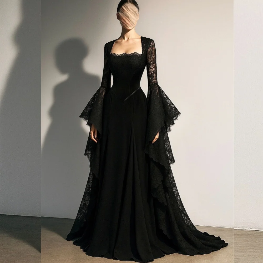 

Customized Charming Pleat Lace Temperament Square Neck A-line Long Dresses Bespoke Occasion Evening Elegant Party Dress