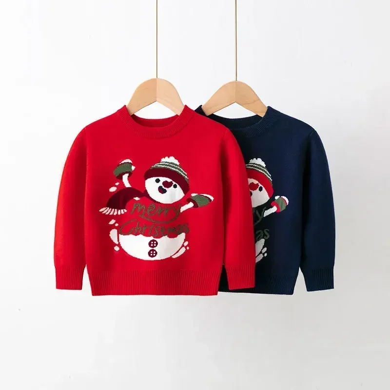 Christmas Bottomed Sweater Winter Boys Girls Xmas Warm Cotton Pullover Kids Knit Clothes Autumn Children Print Knitwear 2-6 Year