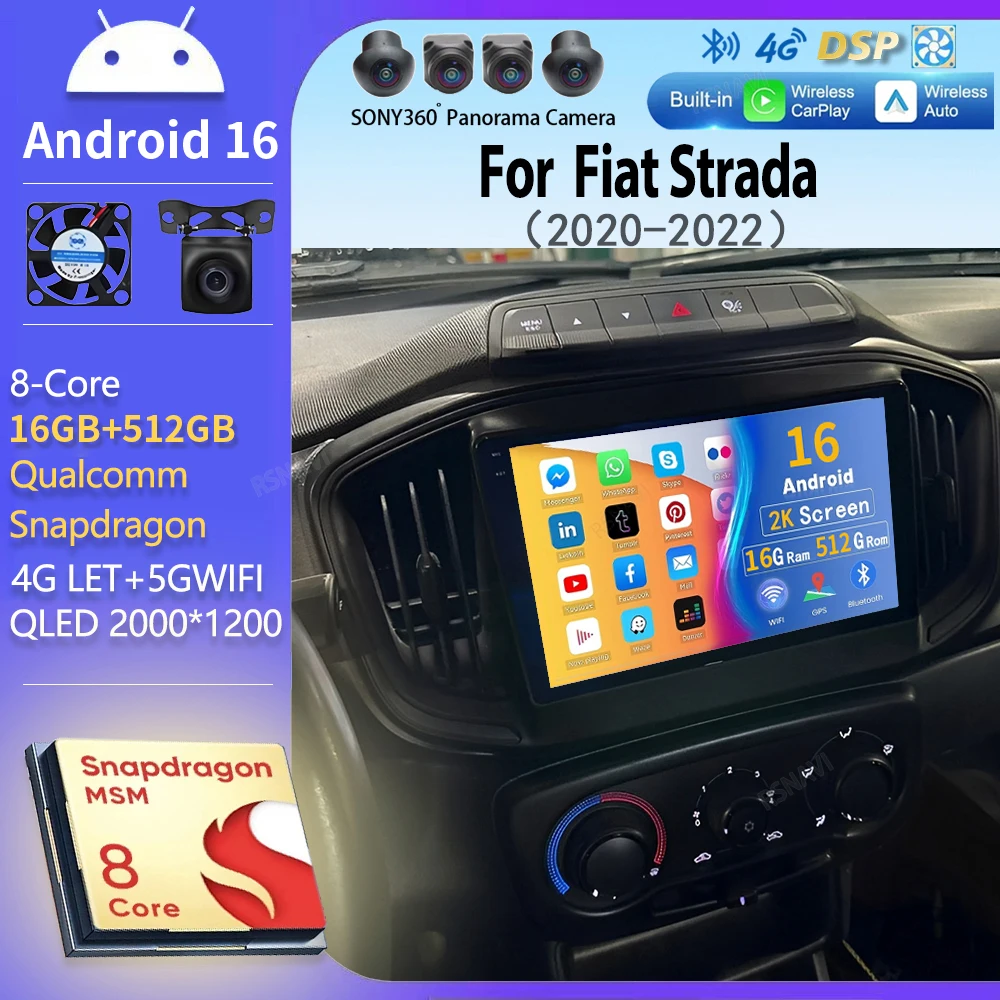 Radio Auto Android 16 con Carplay para Fiat Strada 2020 2021 2022, Navegación GPS, Reproductor Multimedia Estéreo, wifi+4G, DSP, BT, DVD, 2DIN