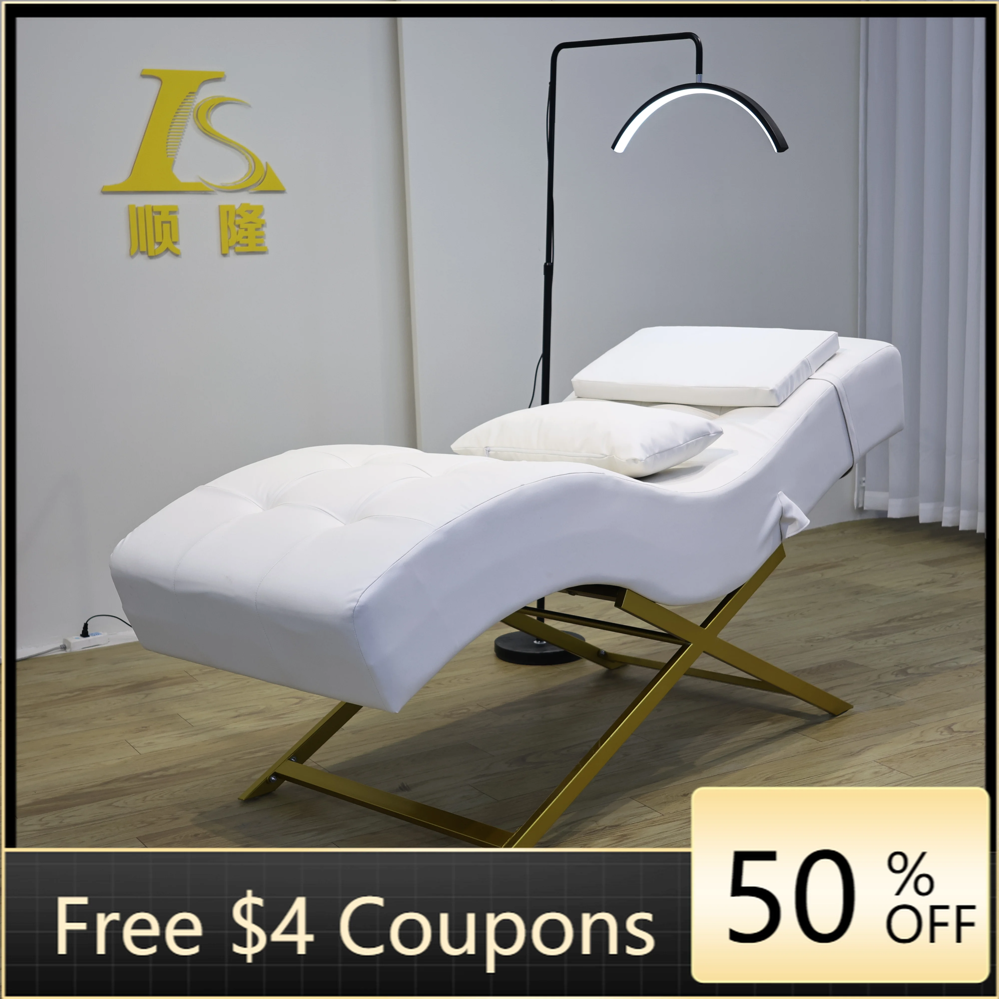 Curved Facial Bed White PU Gold X Shape Metal Frame Manual Reclining Massage Table for Eyelash Extension Beauty Salon Spa