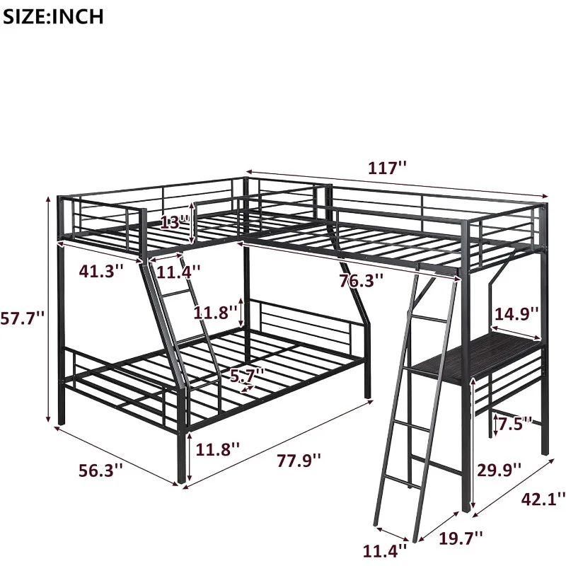 Metal Triple Bunk Beds, Twin Over Full Bunk Bed Attached Twin Loft Bed with Desk, L-Shape Triple Beds Frame with Ladders