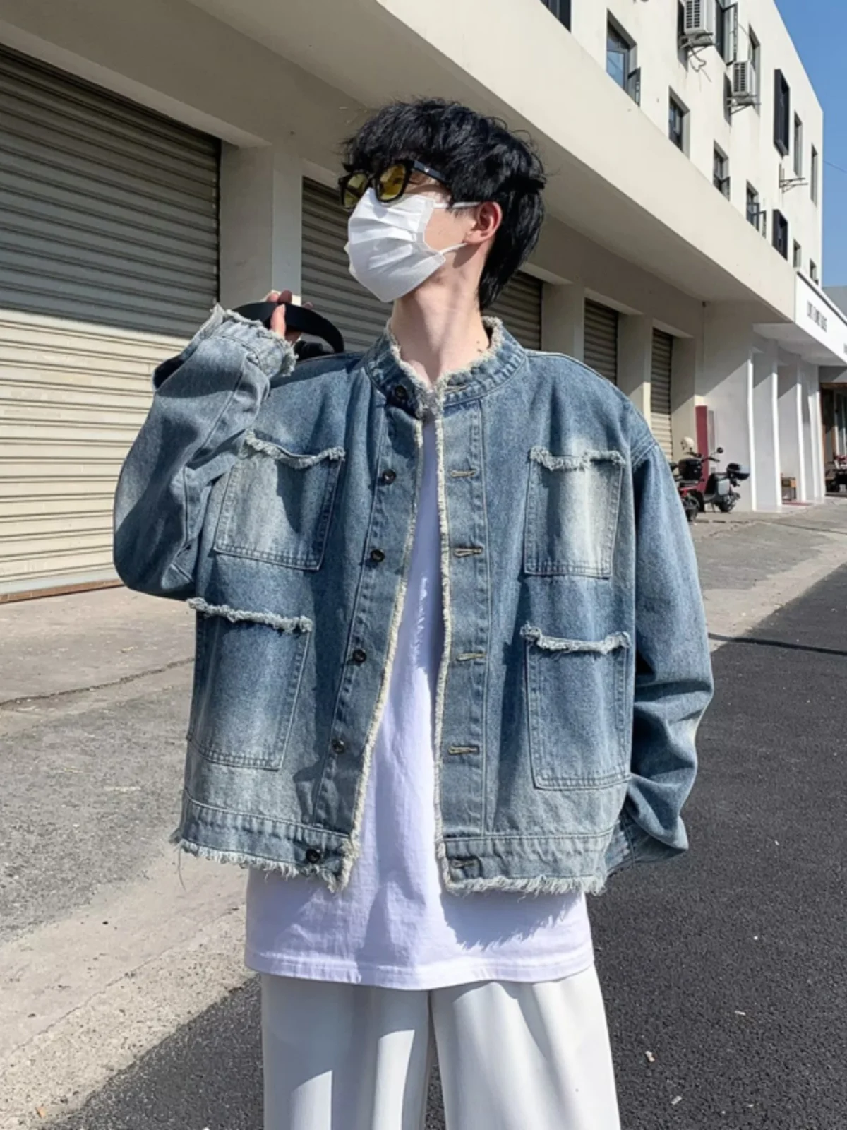 Washed Gradient Denim Jacket Men's Stylish Autumn Winter Short Loose Fleece  Design High Street Style Outerwear