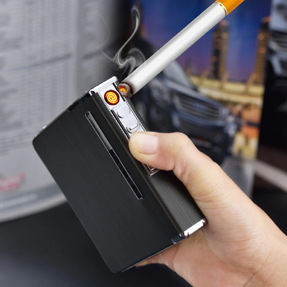 Large Capacity Cigarette Case With Lighter Metal Automatic Pop Up Cigarette Box Portable Windproof USB Charging Lighter Men Gift