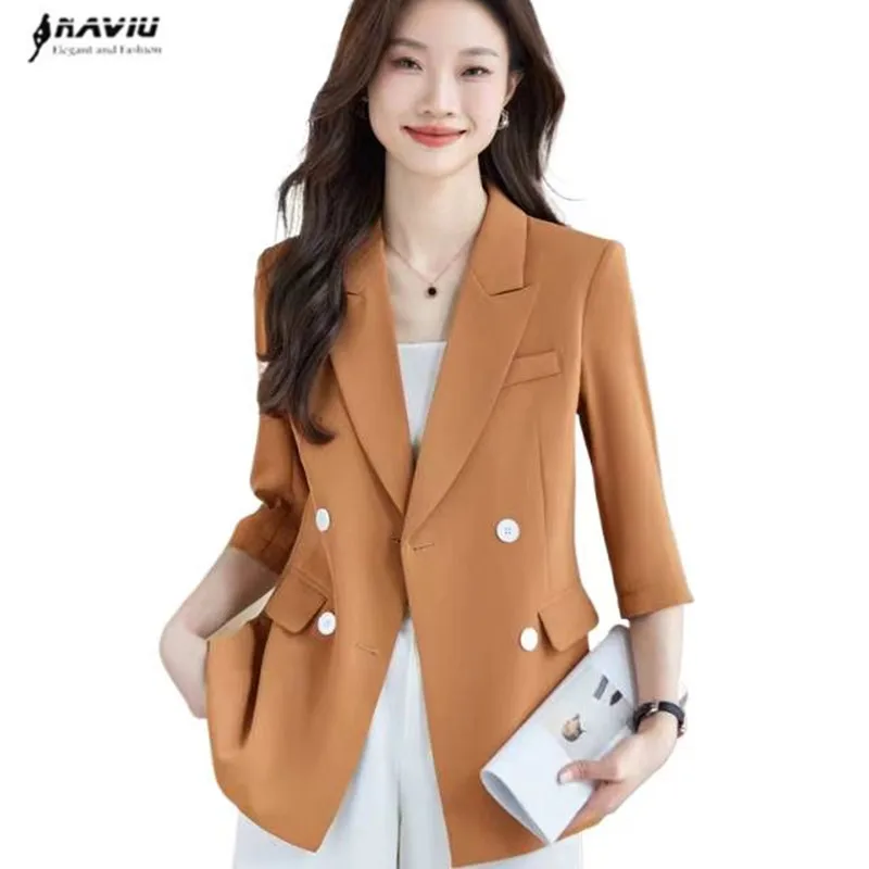 

NAVIU Slim Blazers For Women 2024 Office Ladies New Fashion Solid Half Sleeve Coats Casual Tun Down Collar Chic Jacket