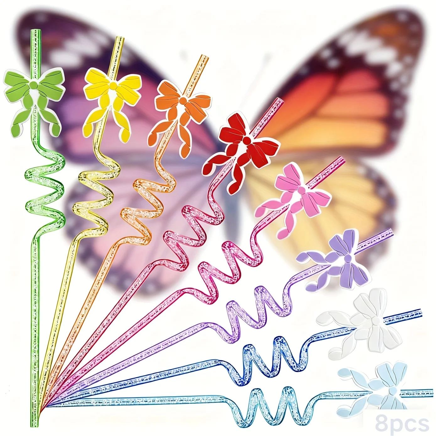 

8 шт. многоразовые пластиковые соломинки для вечеринок с бантиком и насадками для завивки меняющего цвета — пастельные и яркие цвета (розовые, синие, желтые, зеленые или
