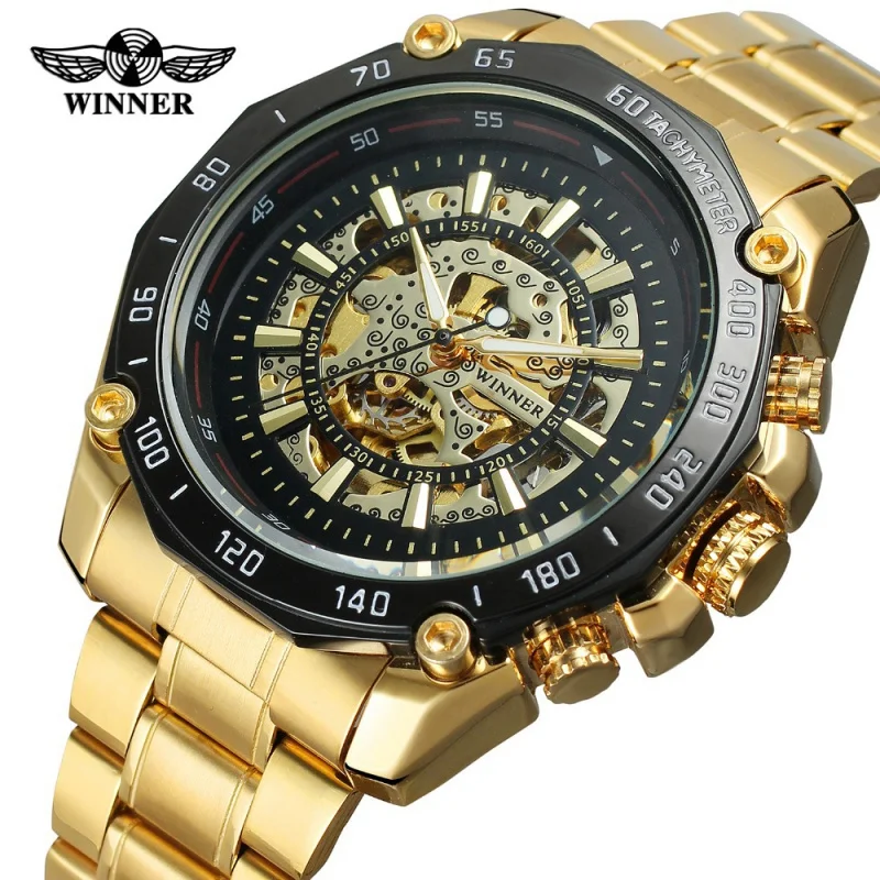 Free Shipping OUTLETSwinner European American Style Men's Fashion Casual Hollow Gold Large Dial Automatic Mechanical Watch