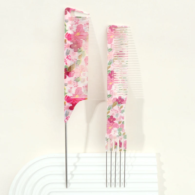 2-Piece Floral Wide-Tooth & Rat-Tail Comb Set | Salon Hair Tools for All Hair Types, Travel/Back to School Must-Have