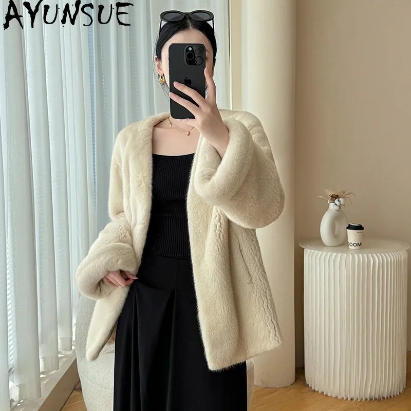 AYUNSUE Natuurlijke Nertsenbont Jas Vrouw V-hals 2025 Winter Echt Bont Jas voor Vrouw Kleding Hoge Kwaliteit Hele Nertsen Moquaба Ж Diego