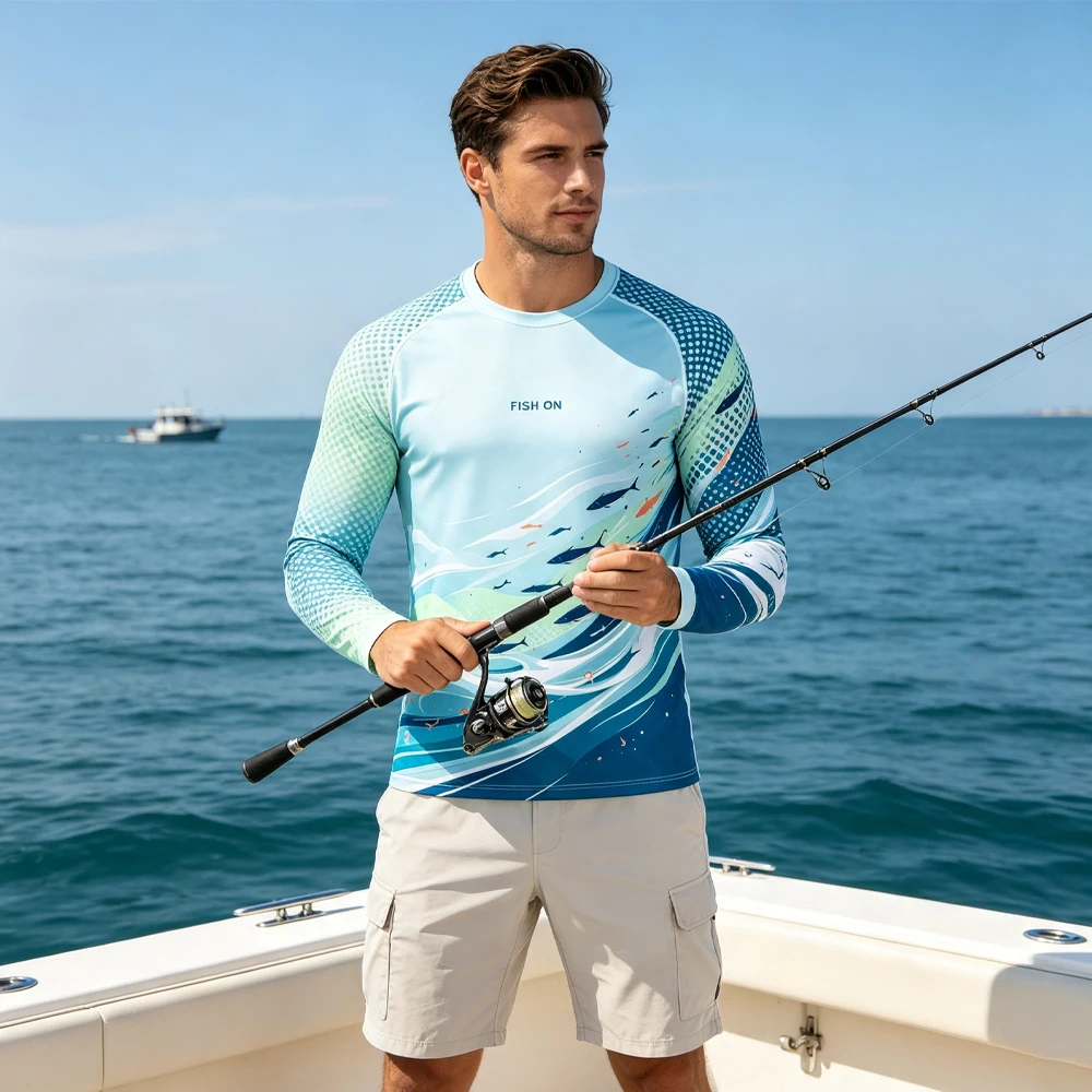 Men UPF50+ Sun Protection Long Sleeve Fishing Shirt Quick Dry Teal Wave Print Breathable Outdoor Sea Fishing Rash Guard