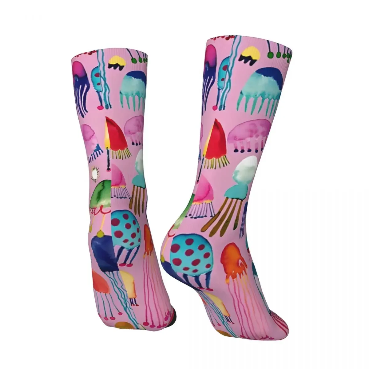 Multicolored Jellyfish Watercolor - Pink Summery Marine Print Men's Socks Retro Harajuku Street Style Novelty Seamless Crew Sock