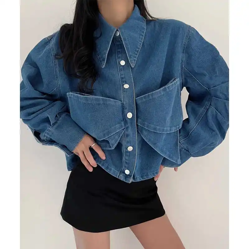 Clothland Women Chic Denim Jacket Bow Tie Long Sleeve Blue Casual Spring New Fashion Stylish Coat CB125