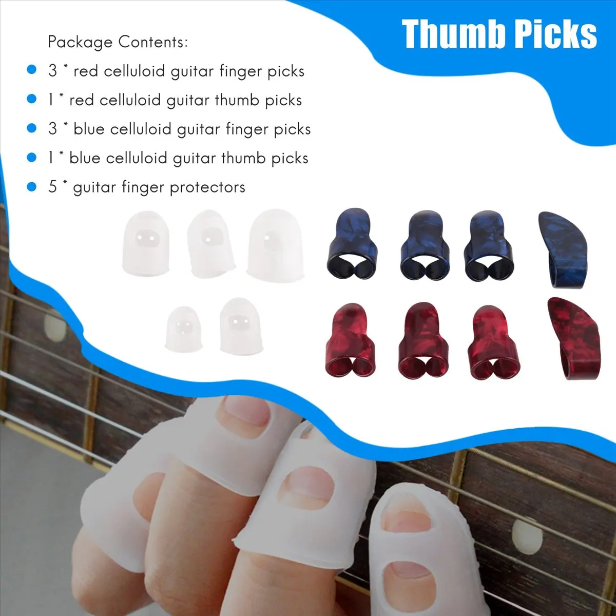 New Arrival Fashion Guitar Kit Includes 8 Pieces Guitar Thumb and Finger Picks (Metal and Blue Celluloid), 5 Pieces Clear Guitar