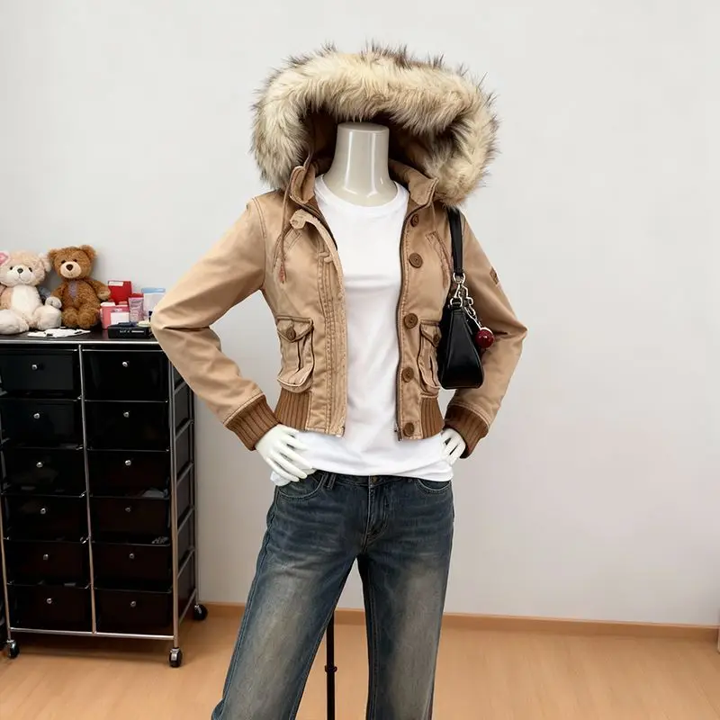 

Autumn and winter Korean style sweet big fur collar spliced ​​thickened jacket design slim fit versatile workwear cotton jacket