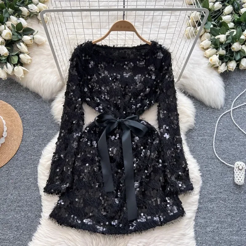 Fashion Christmas Red Party Dress Woman Spring Dress New Tassel Sequin Strap Waist Chic Pure Full Sleeve Bow Belt Mini Dresses