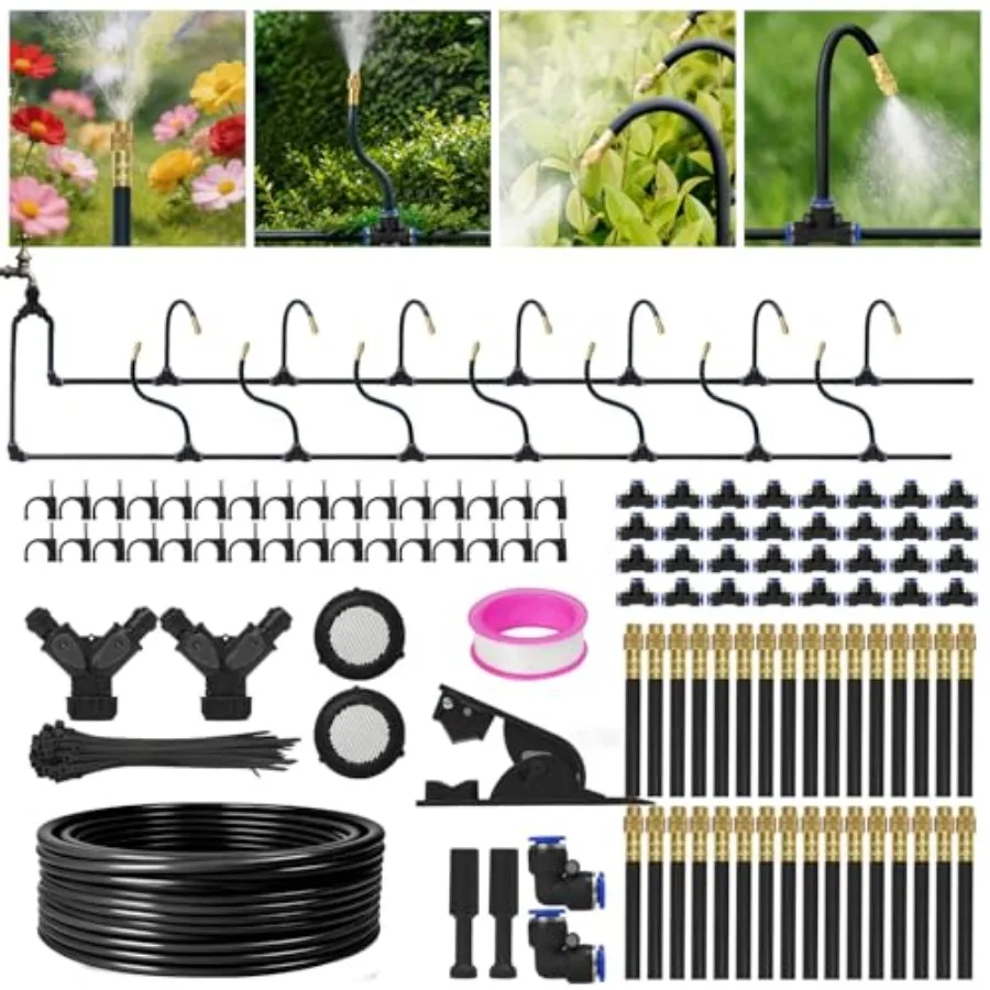 

360 Adjustable Drip Irrigation System for garden greenhouse yard lawn plants green PVC hose 200 ft length 32 nozzles atomizing