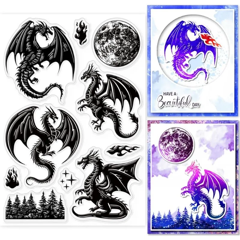 1szt Ognisty Smok Przezroczysty Stempel Faza Księżyca Przezroczyste Stemple Gumowe Leśne Stemple Silikonowe do DIY Scrapbooking Album fotograficzny 6,3x4,33 cala