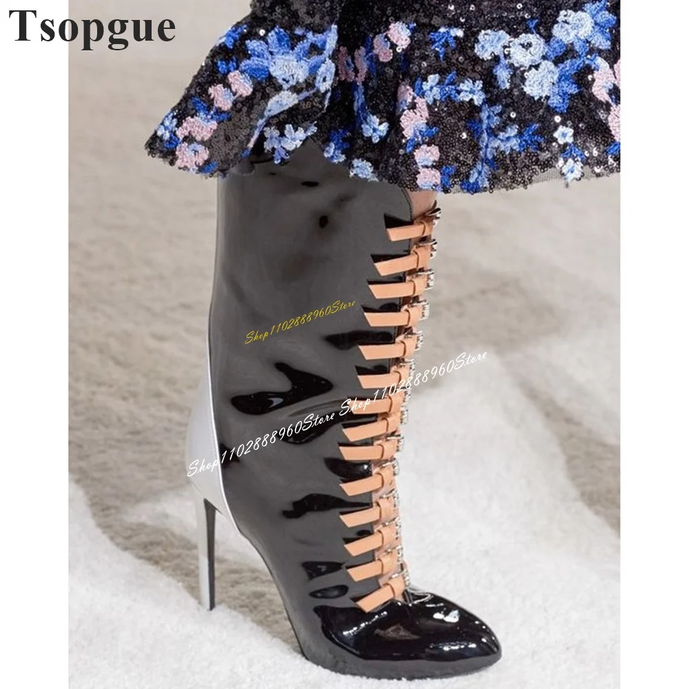 

Mid Calf Black And White Buckle Strappy Boots Thin High Heel Women Shoes Slip On Pointed Toe 2024 Fashion Zapatos Para Mujere