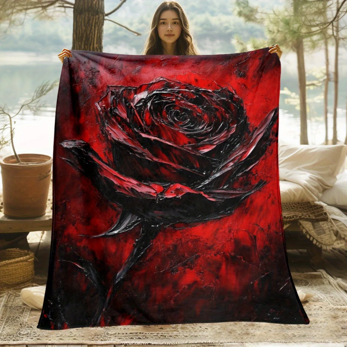 Dark Red Rose Print Throw Blanket, Soft Lightweight Blanket for Sofa Bed Office, Versatile Winter Home Decor
