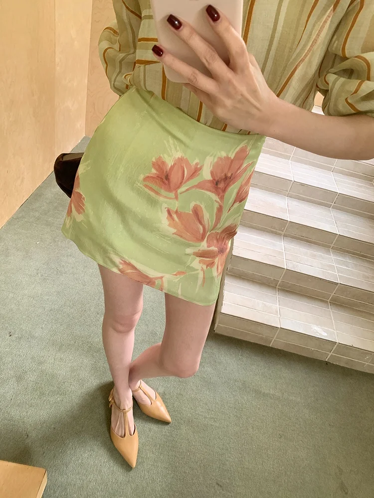 

Ретро-юбка А-силуэта с цветочным принтом и высокой талией, женская летняя приталенная юбка из ацетатного волокна прямого кроя