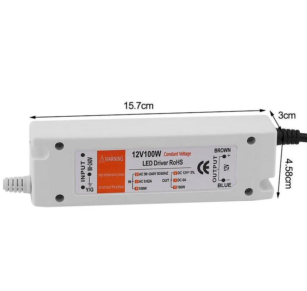 Corrente constante de grande tensão LED Driver, AC 90-240V, 18W, 28W, 48W, 72W, 100W, protegido Fonte de alimentação, DC 12V Adaptador