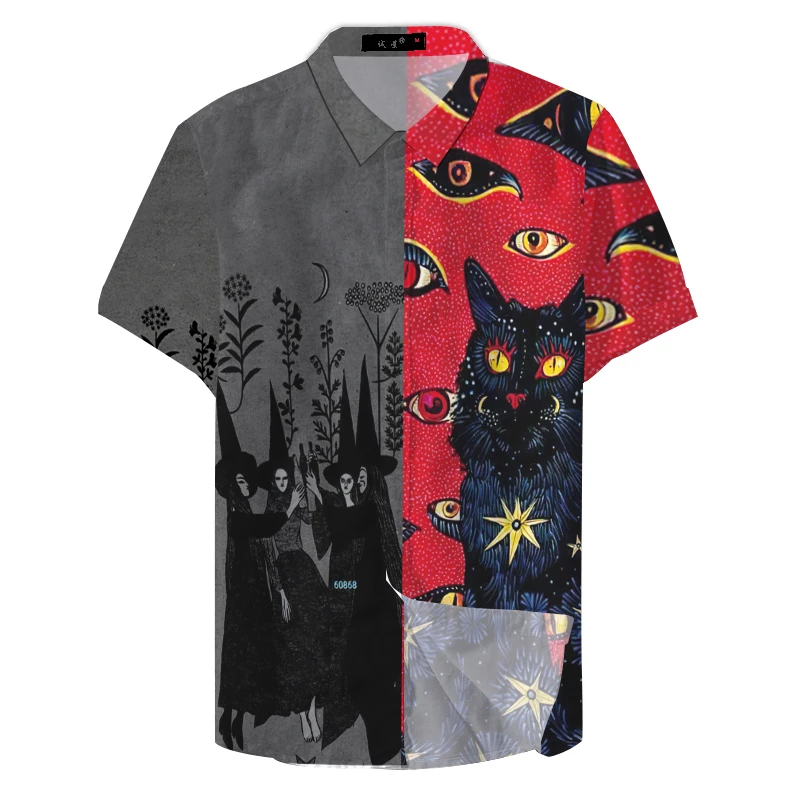 Chemise à Revers à Manches Courtes avec Motif de Chat Imprimé en 3D pour Homme, Vêtement de Personnalité avec Yeux d'Horreur, à la Mode, pour Halloween