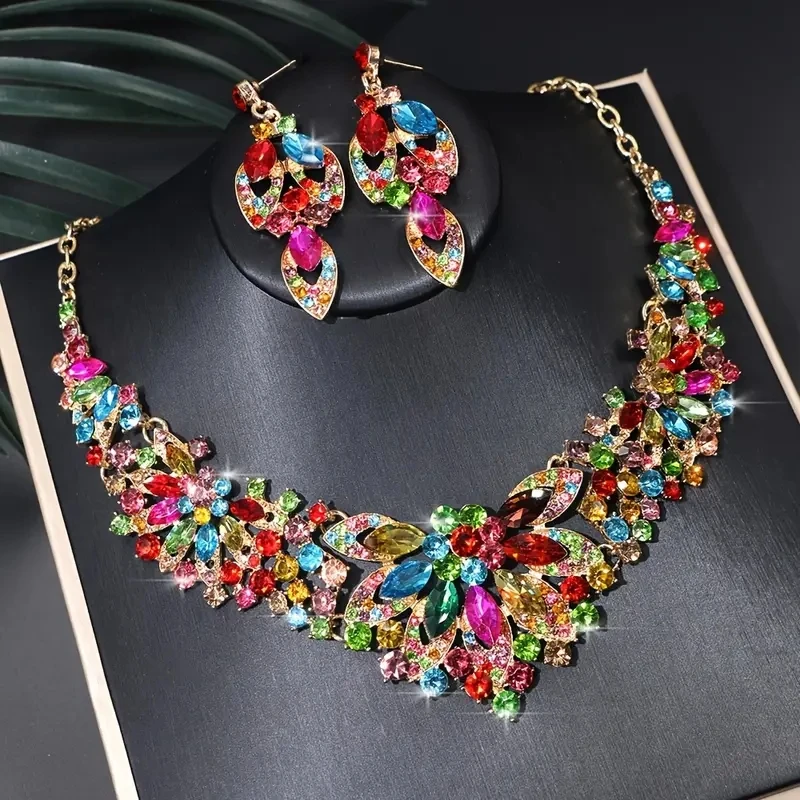 3pcs Fashion Colorful Crystal Rhinestones Lucky Gifts Weddings Parties Jewelry Dopamine Color Design Girl Necklaces Earrings Set