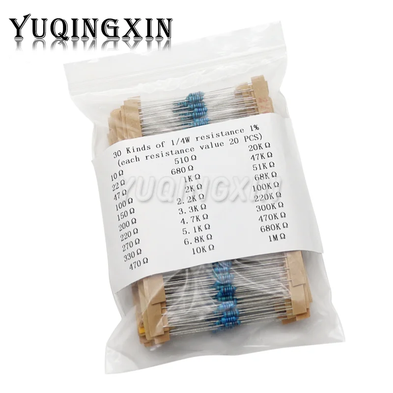 Resistência 1% Metal Film Resistor Pack, sortidas Kit, 30 Tipos, 1K, 10K, 100K, 220 Ohm, 1M Resistores, 1 W, 4W, 600Pcs, 300 PCes, grupo