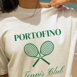 Vintage Stijl Tennis Club Afdrukken Vrouwen Y2K Witte T-shirts Zomer Korte Mouw Losse Katoenen Casual Tops Ins Fashion Tees