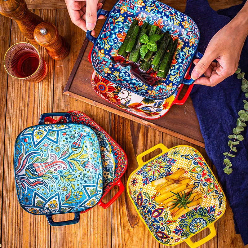 9 Inch Bohemian Double Eared Square Ceramic Plate Creative Household Dish Oven and Microwave Are Available