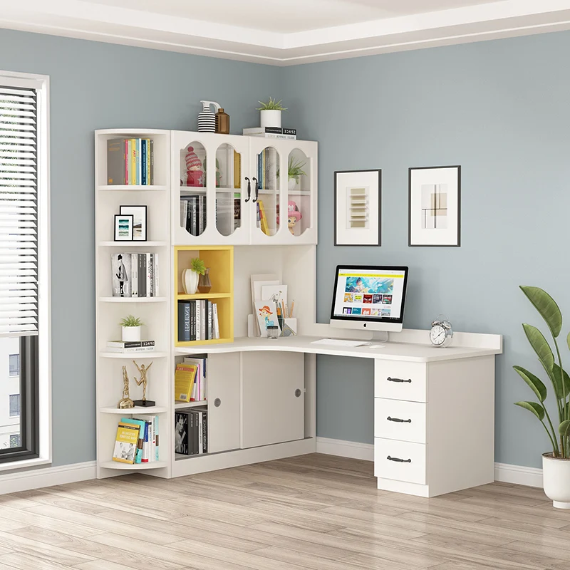

Solid wood corner desk bookshelf integrated, home student writing desk with cabinet combination, simple desktop computer