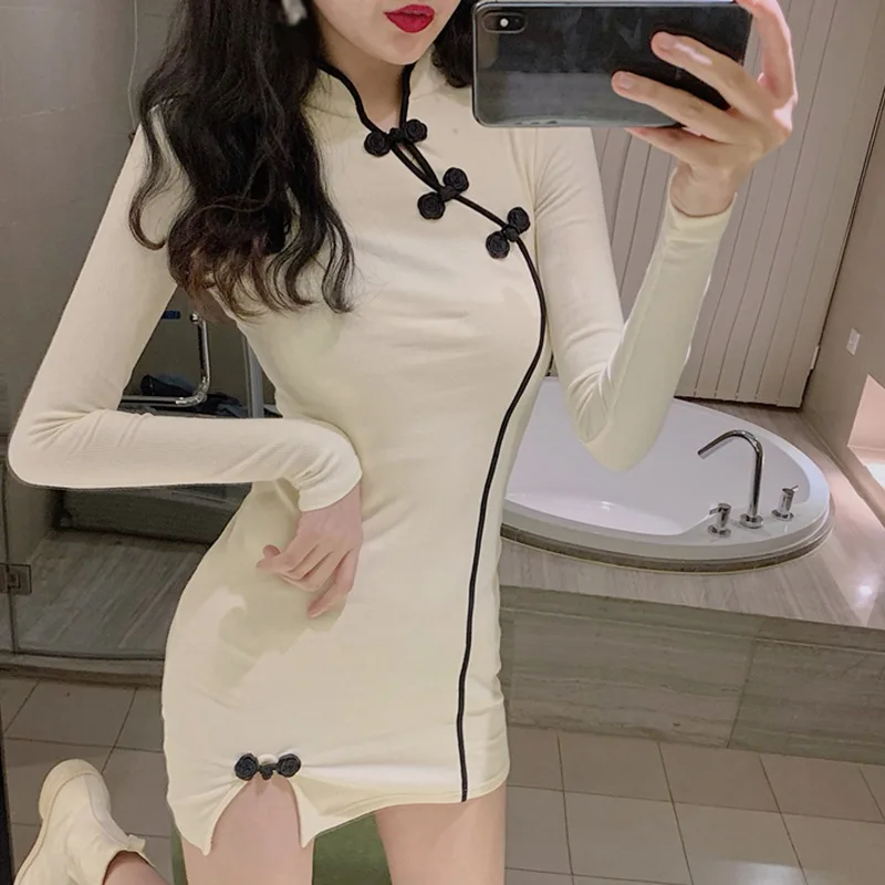 Women's Contrast Color Fashion Sexy Hollow Out Sexy Chinese Style Long Sleeve Cheongsam Dress