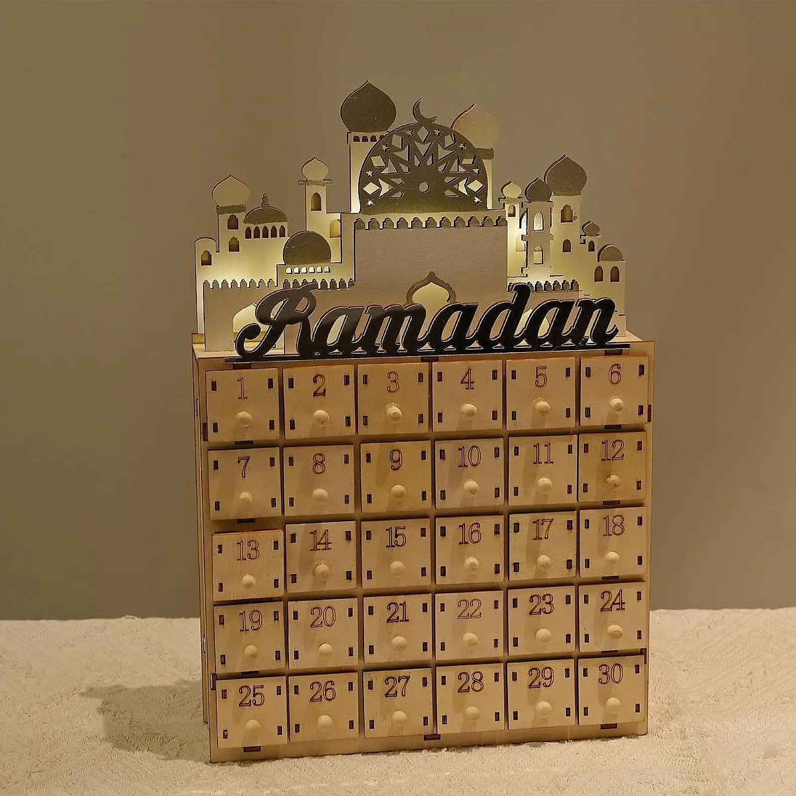 

Muslim Ramadan Advent Calendar Wooden Kids Gift Party Present with 30 Drawers for Holiday Dining Room Party Indoor Office