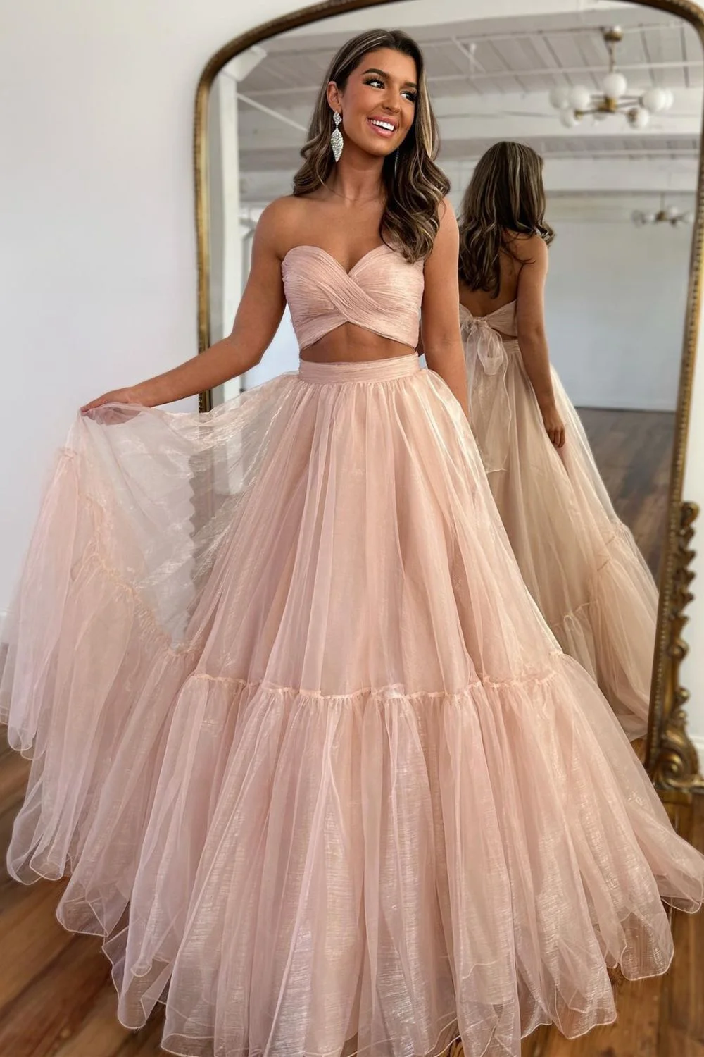 Two Pieces Sweetheart Formal Evening Dresses Tulle Pleated Corset Prom Gowns Back Lace-up Sleeveless Backless A-line Long Gowns