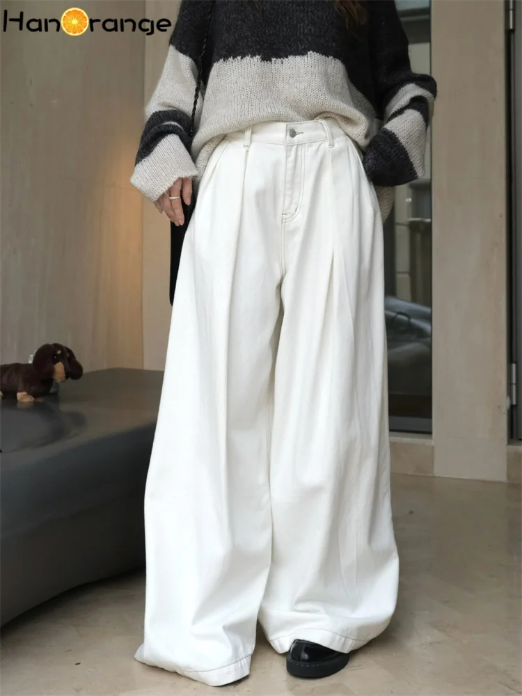 

HanOrange 2024 Autumn Fashion Commuter Wide Leg White Jeans Women Loose Leisure Cotton Denim Pants