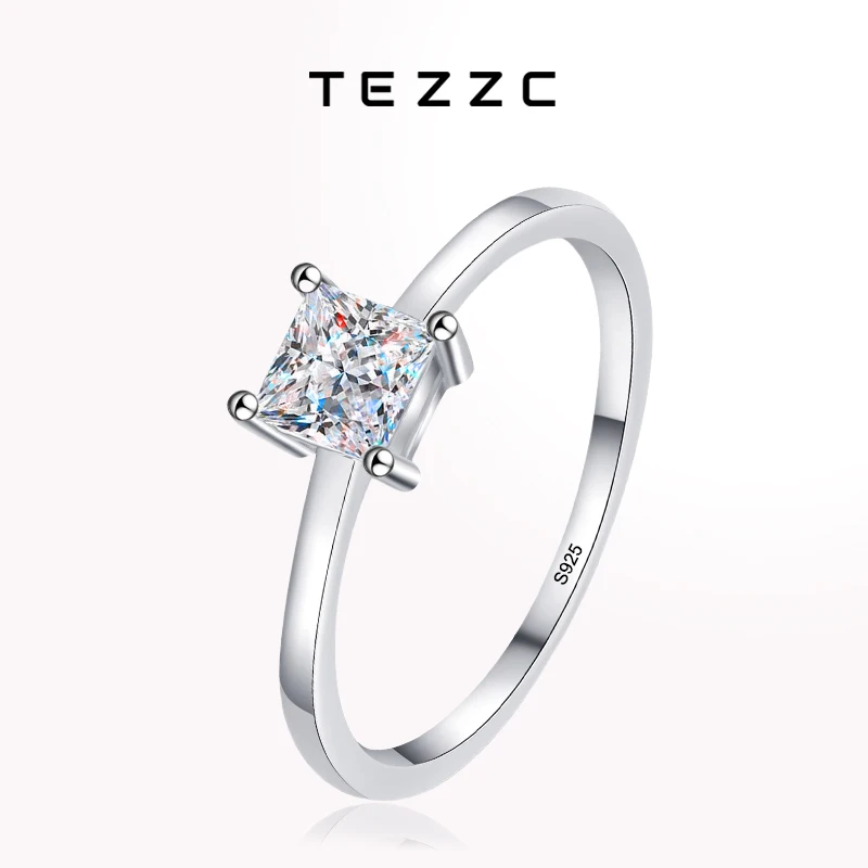 Tezzc Princess Cut Moissanite Diamond Ring 925 Sterling Silver with Gold Plated Pass Diamond Test Party Wedding Rings For Women