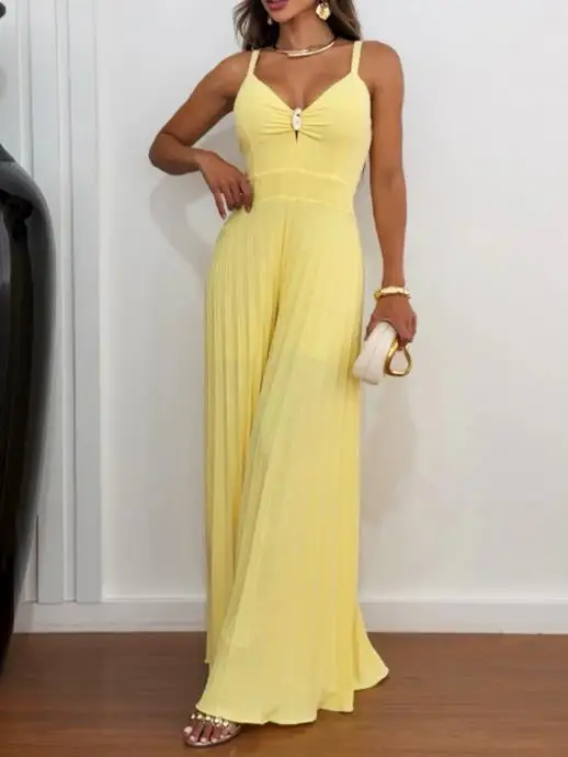 Jumpsuit Women 2026 Fashion Metal Decor Deep V-Neck Overalls Casual Shirred Back Cinched Waist Pleated Wide Leg Jumpsuit