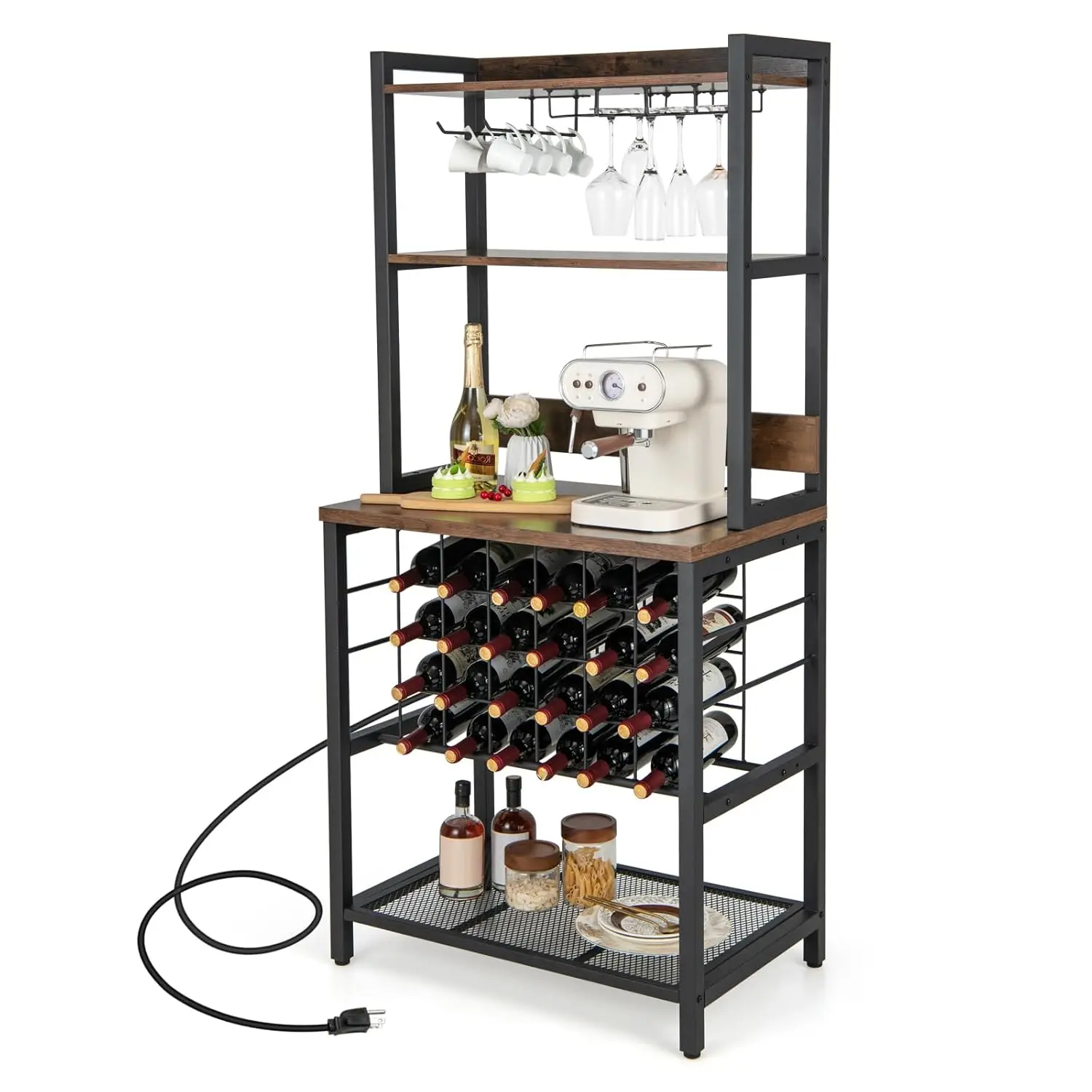 

Bakers Rack with Storage Hutch, Power Outlet & USB Port, Coffee Bar 24-Bottle Wine Rack & Glass Holder, 4.9FT Power, Customized